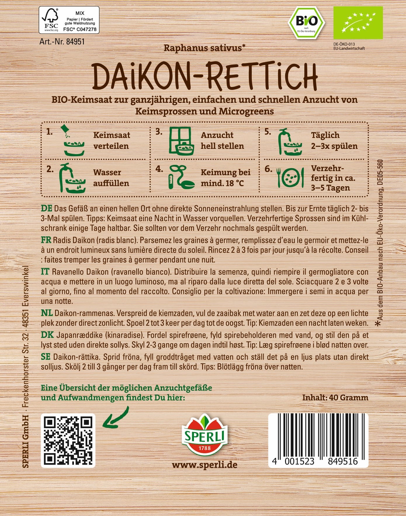SPERLI BIO Keimsprossen-Samen Daikon-Rettich