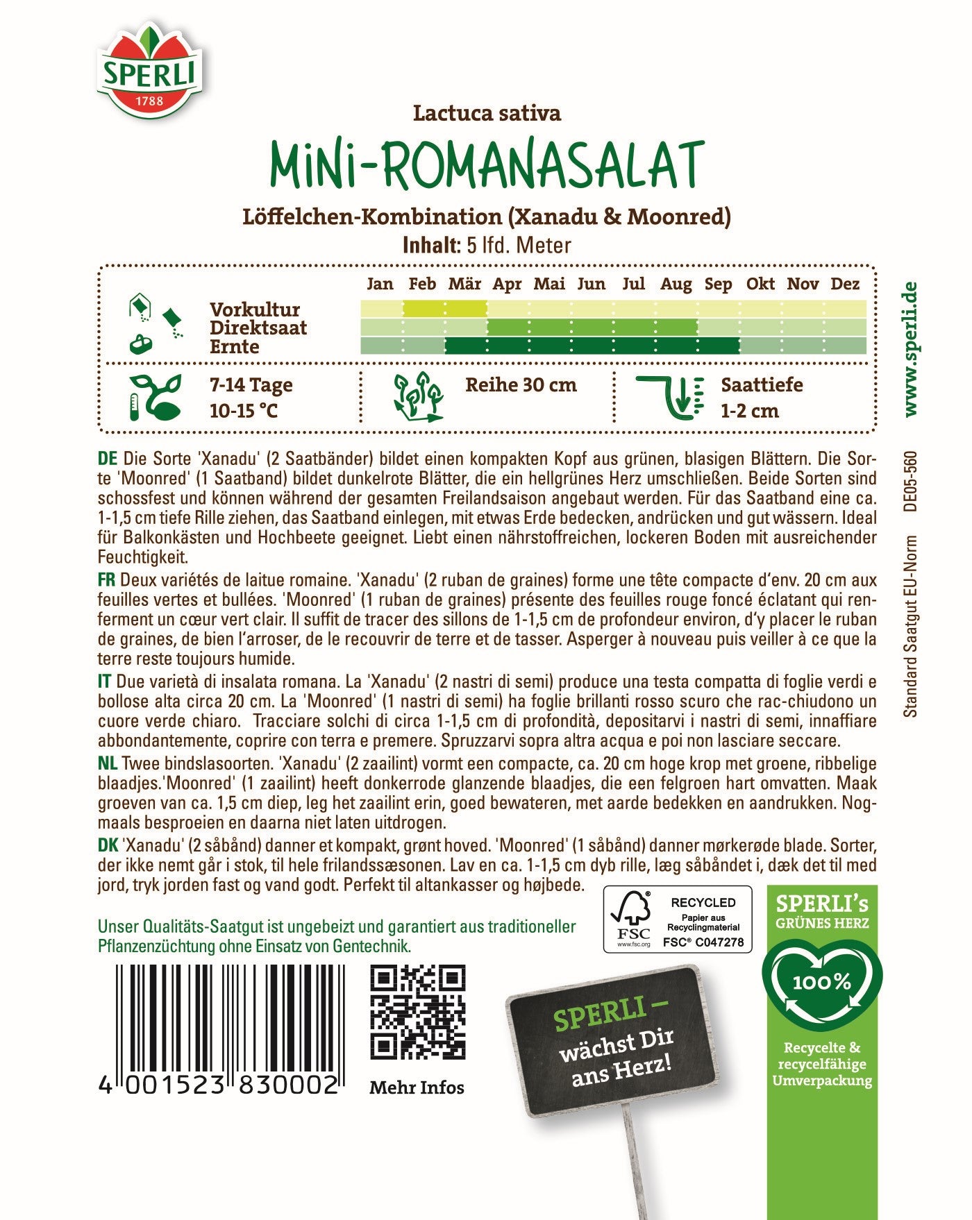 SPERLI Mini Romanasalat-Samen 'Löffelchen-Kombination', Saatband